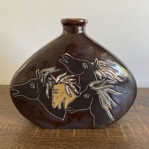 Mara Mexico Studio Pottery Handmade Folk Art Glazed Ceramic Horses Vase Decanter